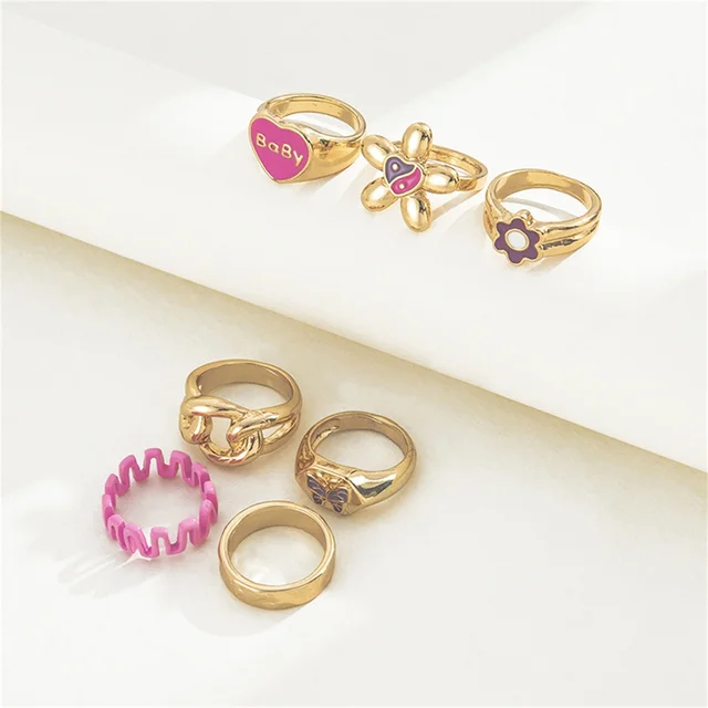 Exaggerated Colorful Dripping Oil Turtle TaiChi Butterfly Baby Alphabet Chain Ring Set Rings