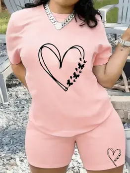 Women's 2-Piece Pajama Set Summer Short Sleeve T-Shirt & Shorts Heart Butterfly Print Soft Cotton Loungewear Sleepwear S-XL 1