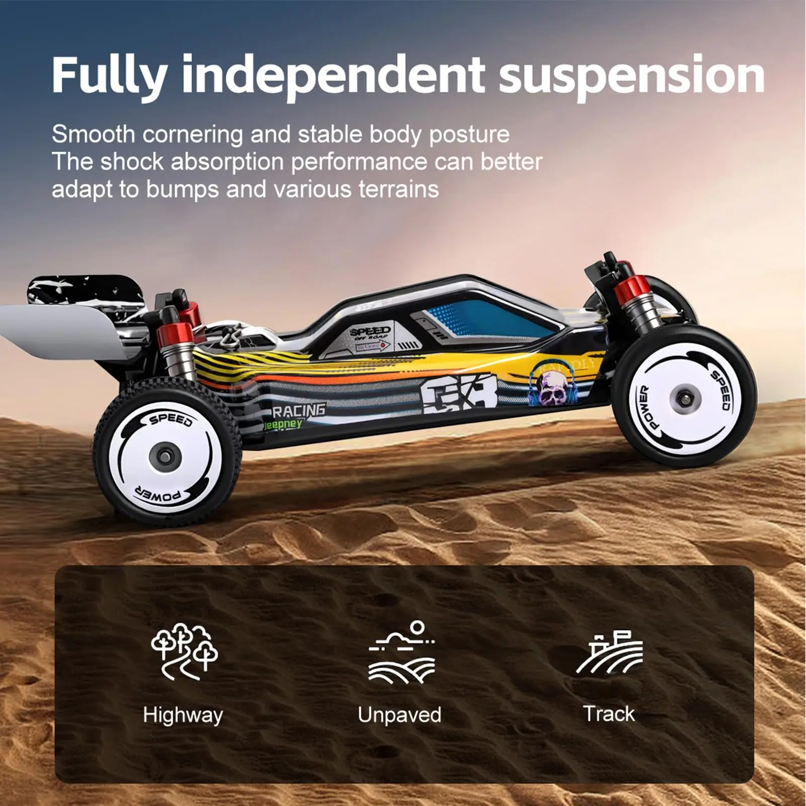 Voiture RC Wltoys 244016 4WD 25km/h 2.4GHz blanche inclinée, suspension visible et détails du châssis.