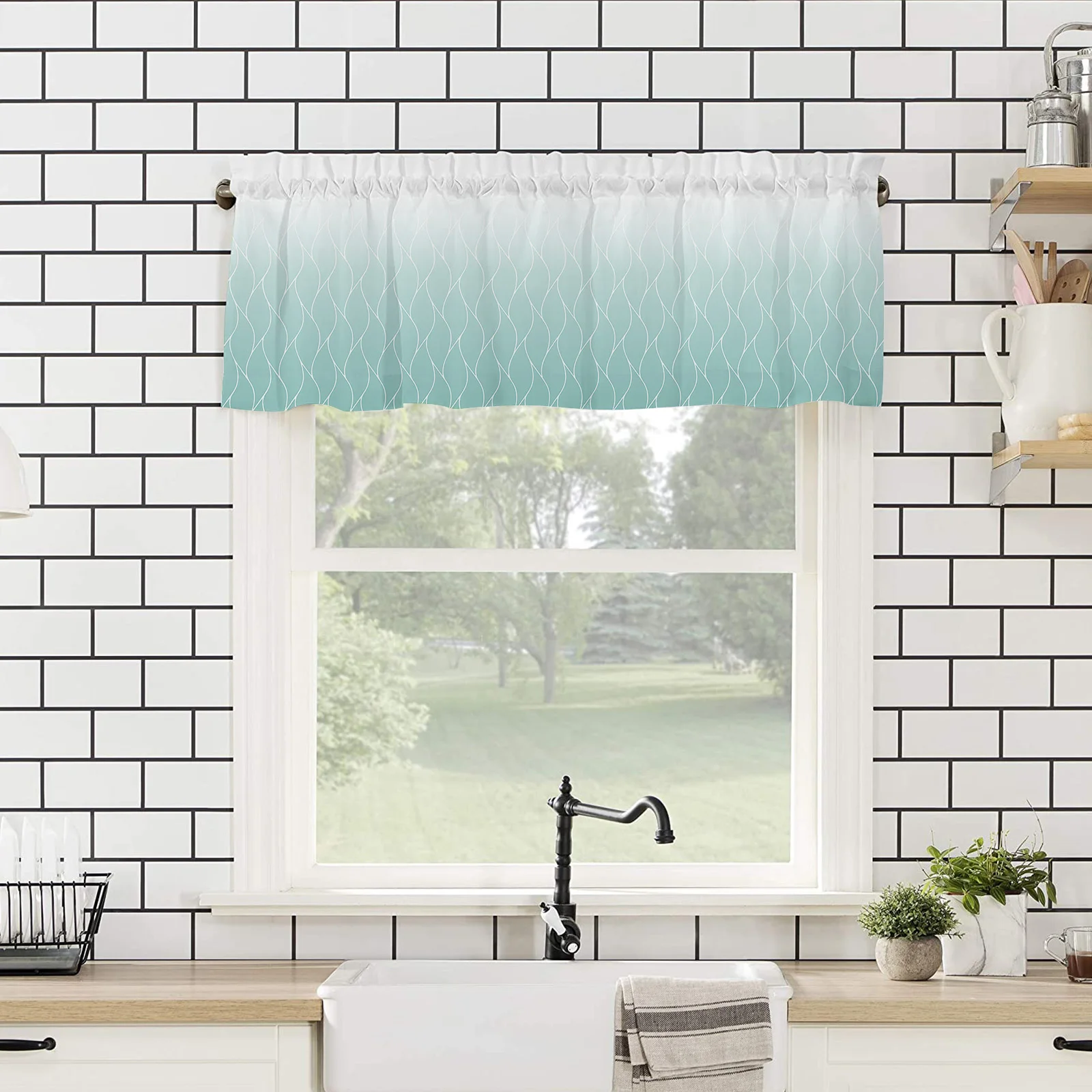 ZEDLIYU Valances for Windows Kitchen Living Room Home Decoration Small Window Valance Morocco Ombre Geometry Teal 1 Panel 4