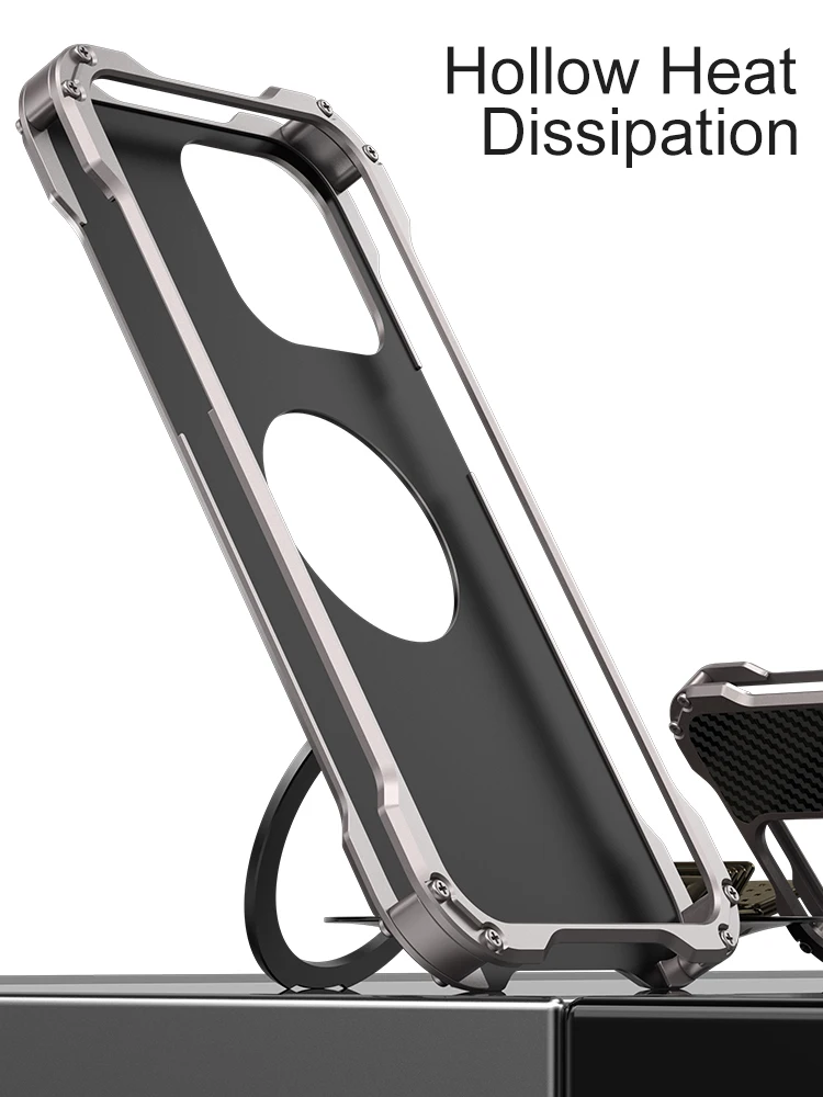 R-just Metal Carbon Fiber Case For Iphone 15 16 14 13 Pro Max Cover Lightweight Aluminum Alloy Funda Coque Built-in Holder Ring 5