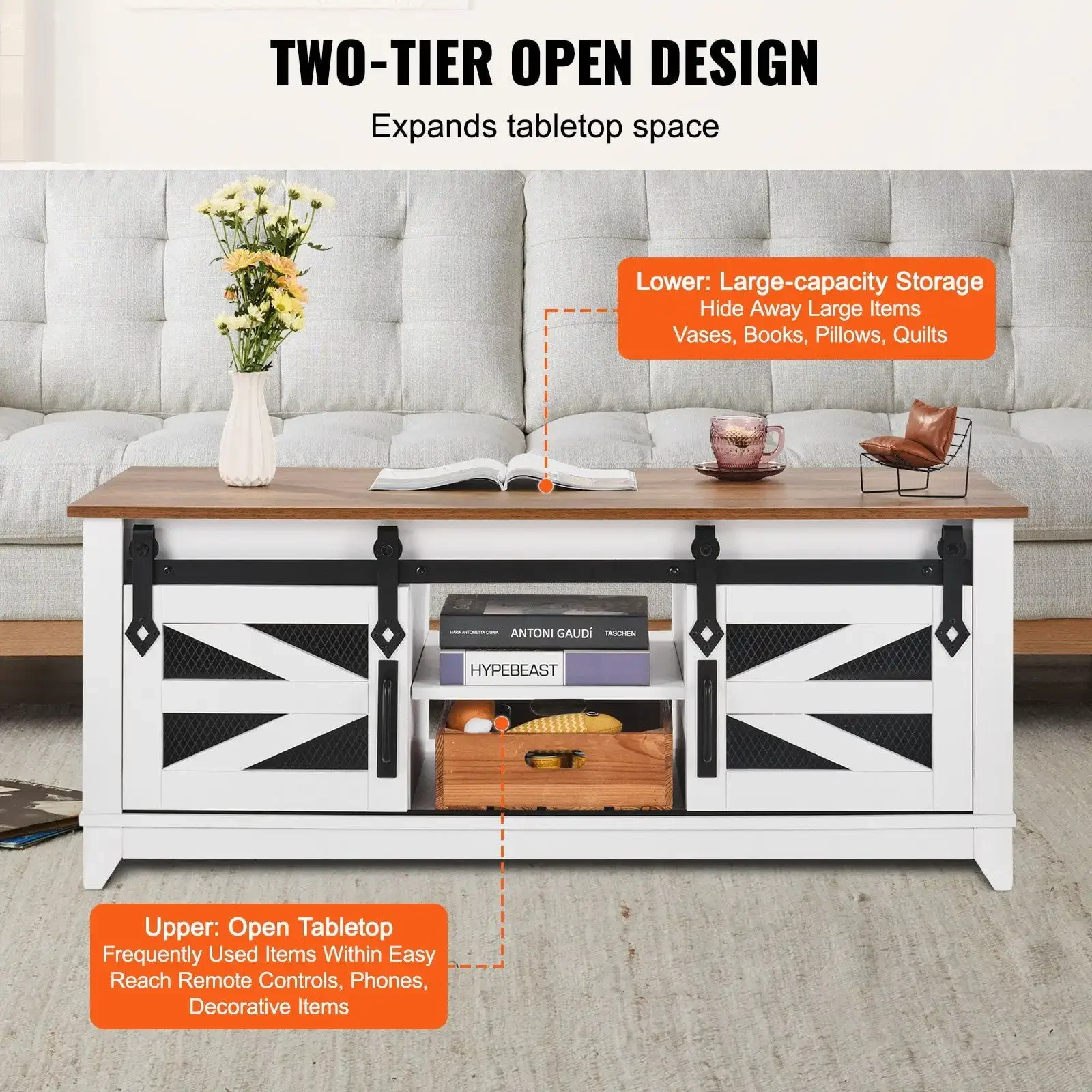 48" Farmhouse Coffee Table 2-tier Rectangle Table with Sliding Barn Doors 4