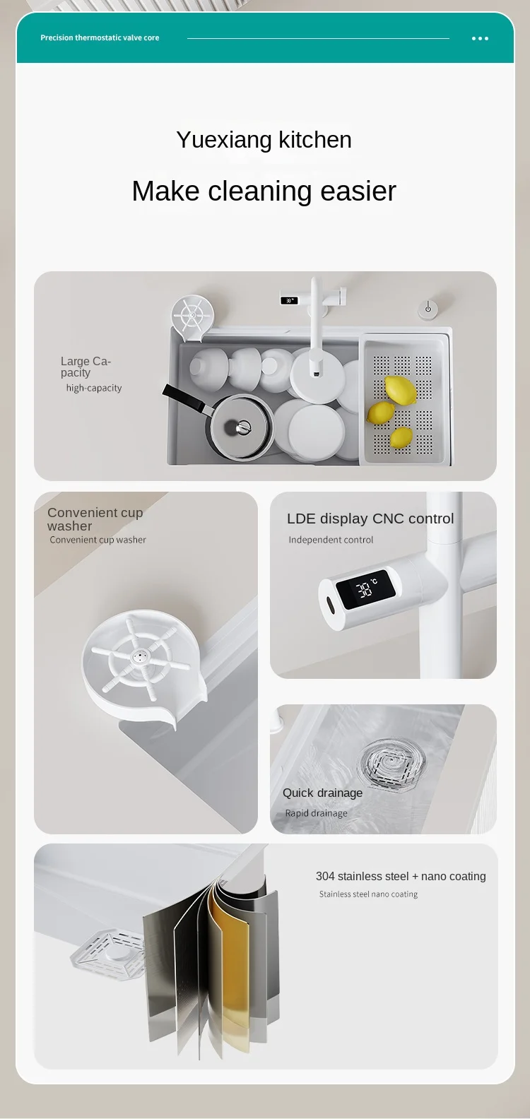 Description Picture 3 of itemWhite Stainless Steel Kitchen Sink with New Digital Display Pull-Out Waterfall Faucets Multifuctional Sink Kitchen Accessories