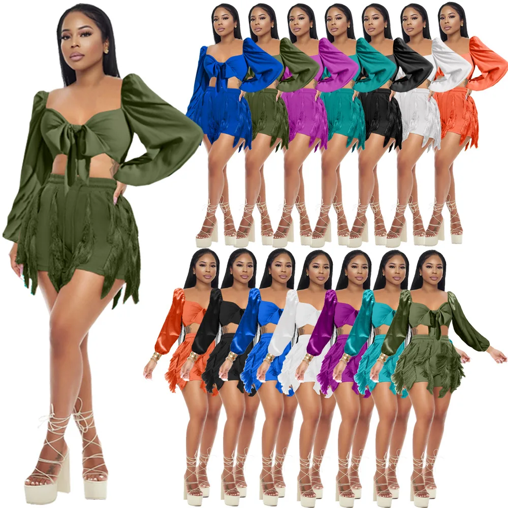 

Fringe Tassel Pants Two Piece Set Women Outfit Clothes Sexy Crop Top Elegant Casual Luxury 2 Pieces Matching Sets Short Pant