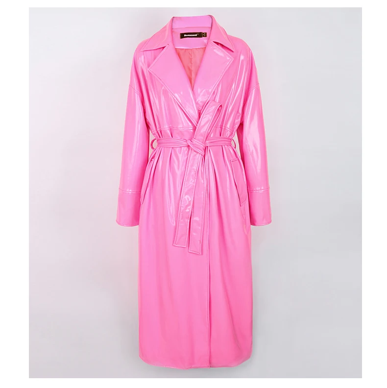 Mauroicardi Spring Long Soft Thin Flowy Shiny Reflective PVC Trench Coat for Women Sashes Y2K Streetwear Runway European Fashion