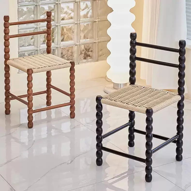 

LCL184 Nordic rope stool medieval designer solid wood dining chair wabi-sabi style French back chair retro gourd small chair