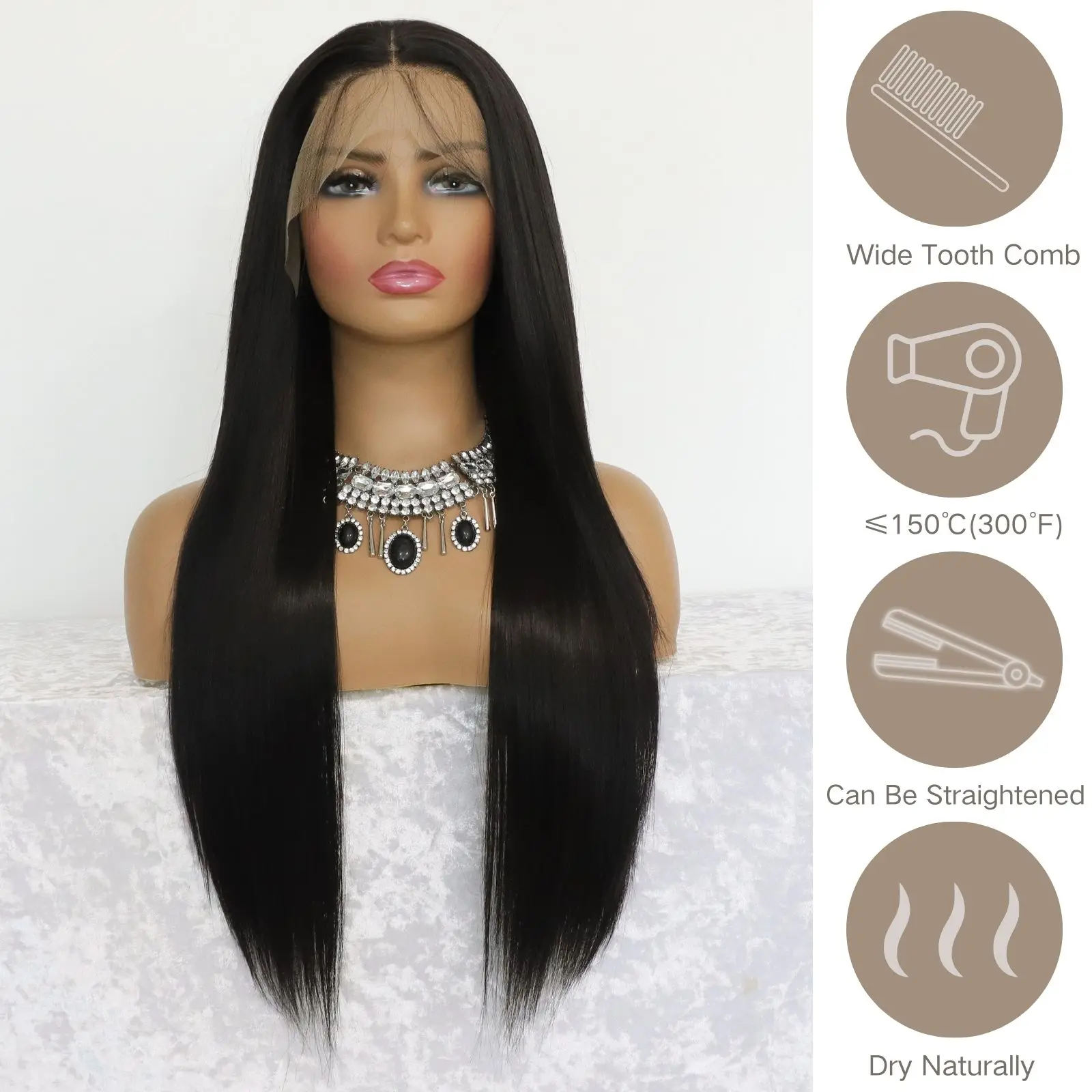 Black Straight Lace Front Synthetic Wig Natural Black 13×4 Lace Front Wig Heat-resistant Synthetic Fiber Wigs(24Inch)
