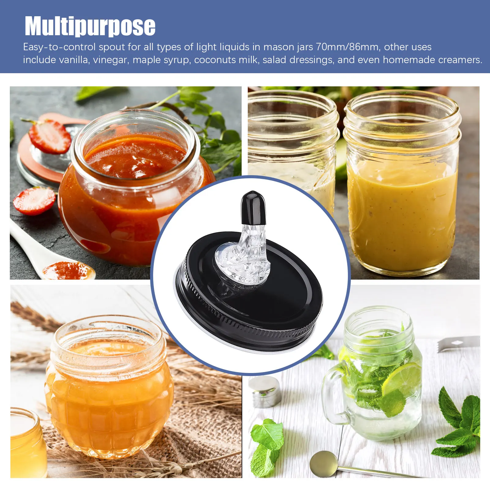 Mason Jar Pour Spout Tools Kitchen Utensils 70mm Diameter Silicone Lids Inverted Spout Leak Proof Black Mason Covers for Kitchen
