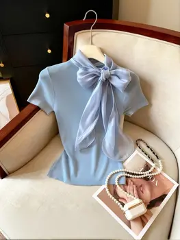 Knit Summer Short Sleeve Tee Women Elegant Luxury Bow Tied T shirt Korean Sweet Work wear Basic Plain Shirt Slim Fitted Pullover 1