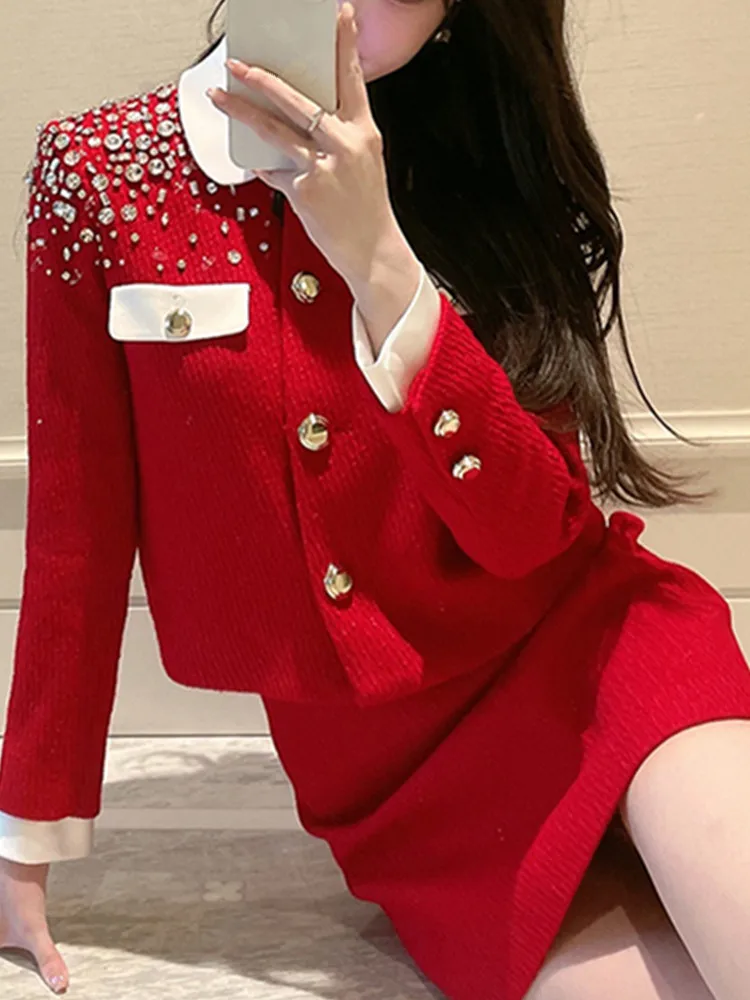 

High Quality Small Fragrance Two Piece Set Women Luxury Flash Diamond Short Jacket Coat + Korean Fashion Woolen 2 Piece Suits