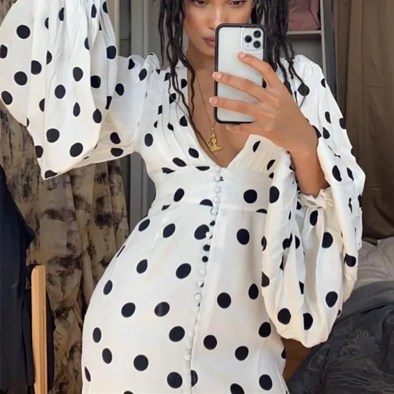 

Women Sexy Elegant Lantern Sleeve White Mini Dresses Party Banquet Formal Clothing New Deep V-Neck Dot Printed Long Sleeve Dress