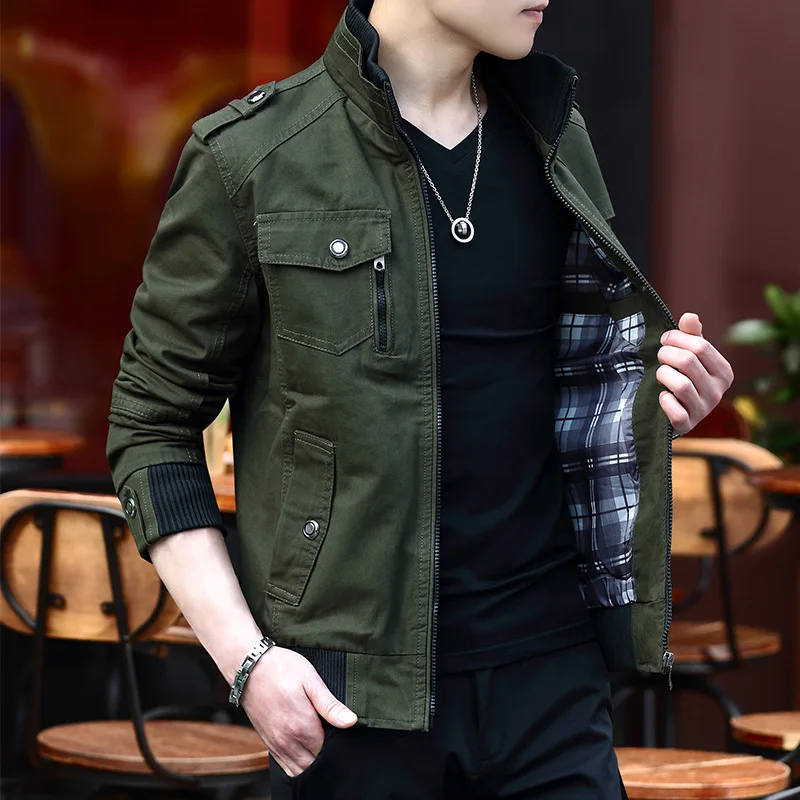 

2023 Spring Autumn New Men's Jacket Korean Fashion Stand-up Collar Denim Cargo Coat Men's Zipper Pocket Stitching Slim Jacket
