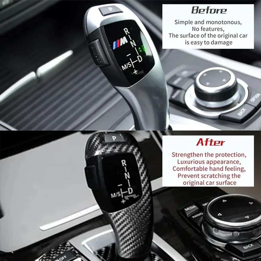 BMW F20 F80 F82 F83 F10 F85 F86 F12 F16 F30 2 3 4 5 시리즈 기어 변속 노브 커버 스티커용 4가지 종류의 리얼 카본 파이버