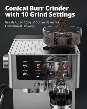 20 Bar Espresso Machine with Burr Grinder & Milk Frother, Stainless Steel, Home Coffee Maker for Cappuccino, Latte, Cold Brew, Americano 3
