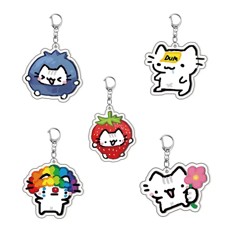 Lovely pet kitten with flower keychains cartoon strawberry cat keyring creative backpack pendant key chain fans friends gifts