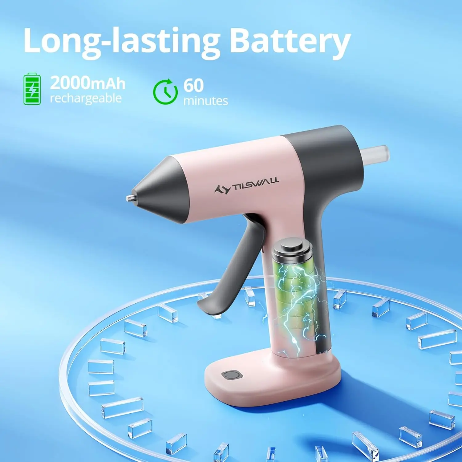 Cordless Hot Glue Gun, 30s Fast Preheating with 2Ah Built-in Battery, Hot Melt Glue Gun with 20pcs Premius Glue Sticks, Smart