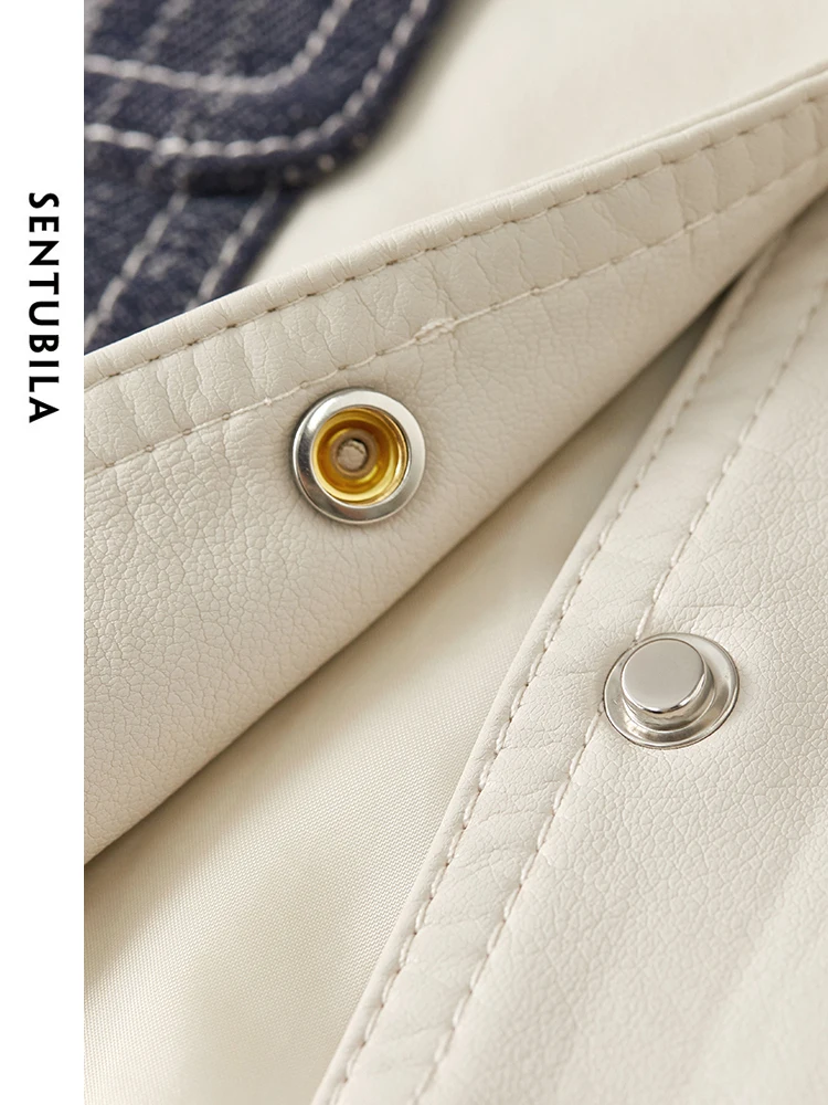 SENTUBILA Casual Cropped Pu Leather Jacket Women 2024 Spring Contrast Spliced Lapel Straight Long Sleeve Coat Overcoat W41G52869