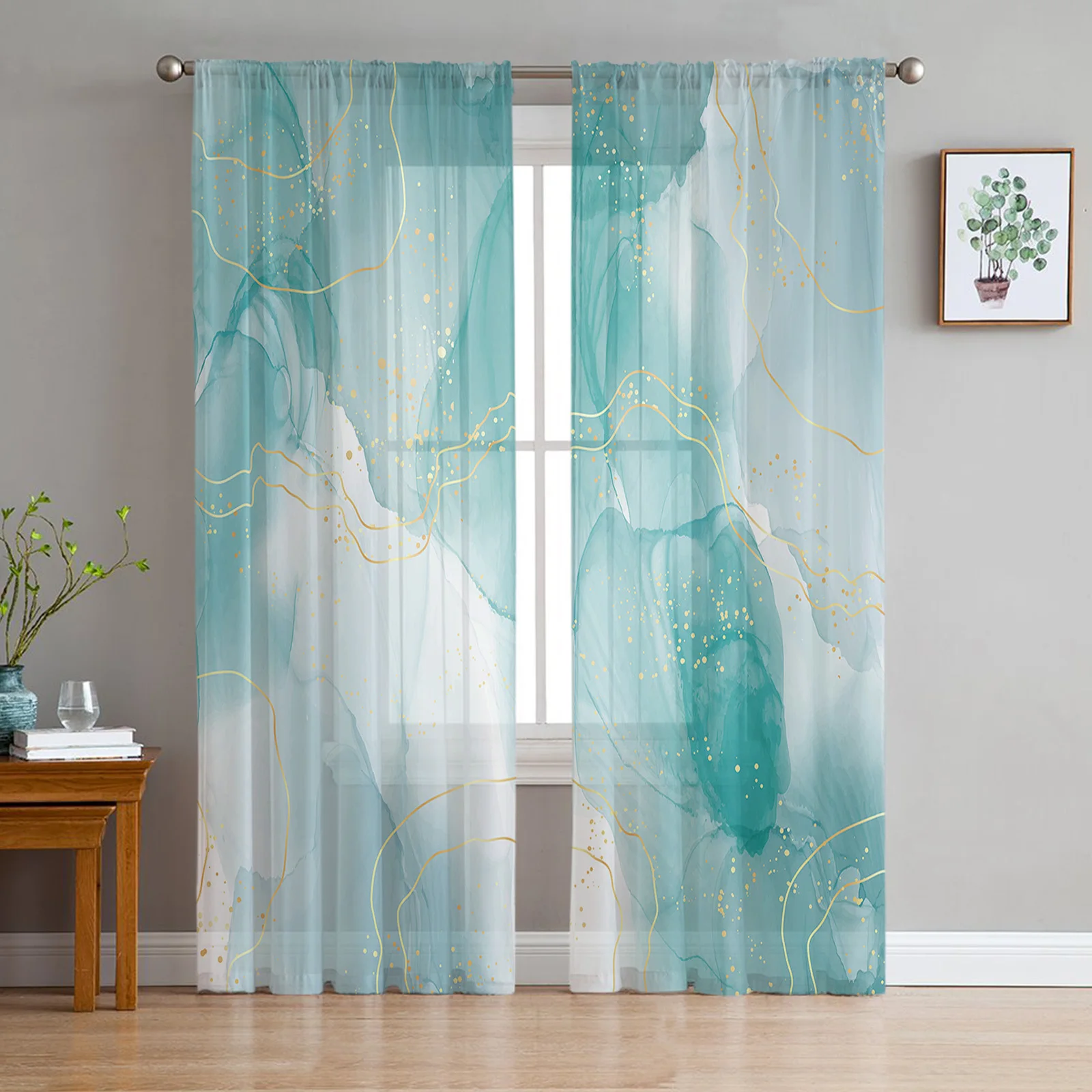 

Marble Line Aqua Green Gradient Tulle Curtains For Living Room Kitchen Decoration Chiffon Window Treatments Voile Sheer Curtain