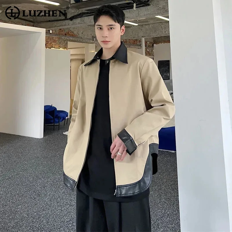 LUZHEN 2024 Spring Trendy Outerwear Men's Elegant Asymmetric Leather Pu Hem Color Contrast Splicing Design Jacket Stylish LZ2898