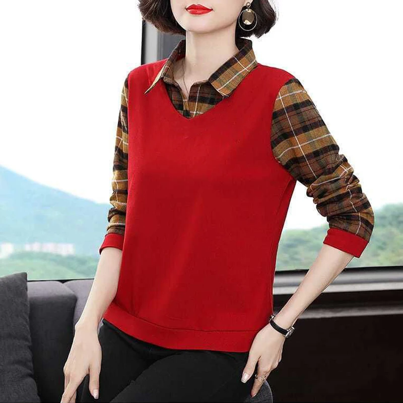 Women's Clothing 2023 Vintage Classic Plaid Patchwork Fake Two Shirt Autumn Fashion Long Sleeve Blouse Ladies Casual Loose Tops