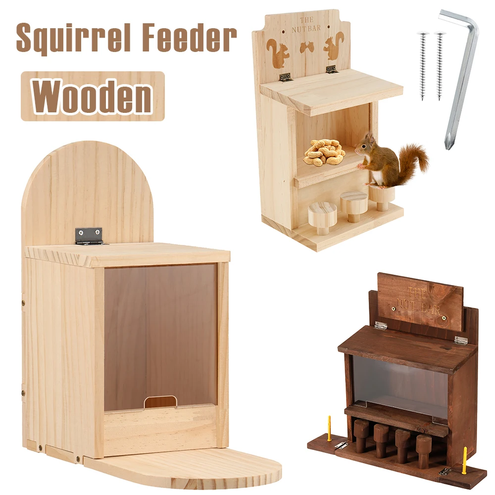 Outdoor Squirrel Feeder Hanging Wood Chipmunk Feeder Bird Squirrel Creative Pet Dining Table with Clear Window Garden Decoration
