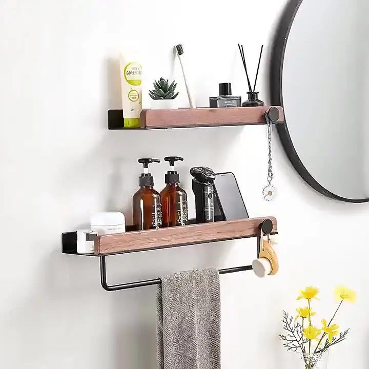 Mensola Da Bagno In Legno E Metallo Senza Fori – Organizer A 2 Ripiani, 35x20x5,5 Cm, Portaspezie E Cosmetici, Per Cucina E Ufficio, Multifunzione