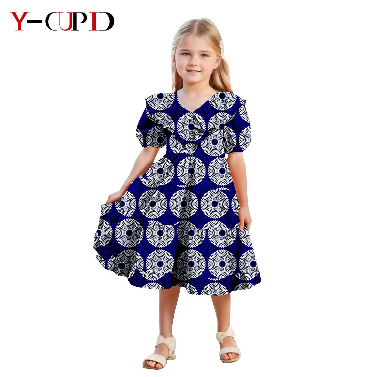 African Clothes for Kids Girls Ankara Print Double Ruffles Collar
