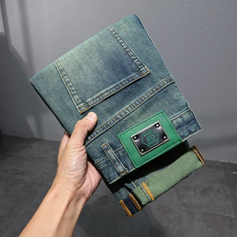 Retro blue-green jeans men's high-end washed slim fit skinny elastic trend all-match street fashion long pants