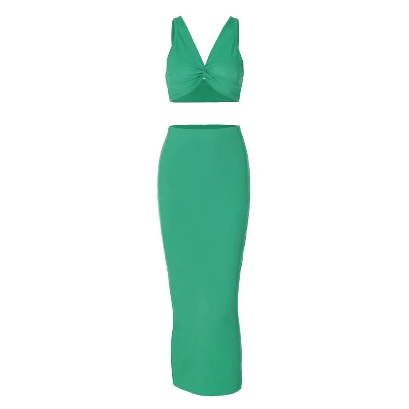 Two Piece Set for Women Sexy Summer V-Neck Sleeveless Cris-Cross Crop Top+ Slim Ribbed Knit Split Skirt Set Vestidos