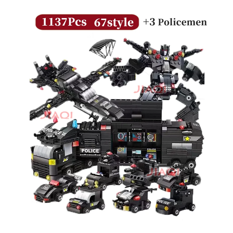 

1137pcs SWAT Police Department Command Car Robot Helicopter Building Block Model 67 Modeling Boys Kids Educational Toys Gift Toy