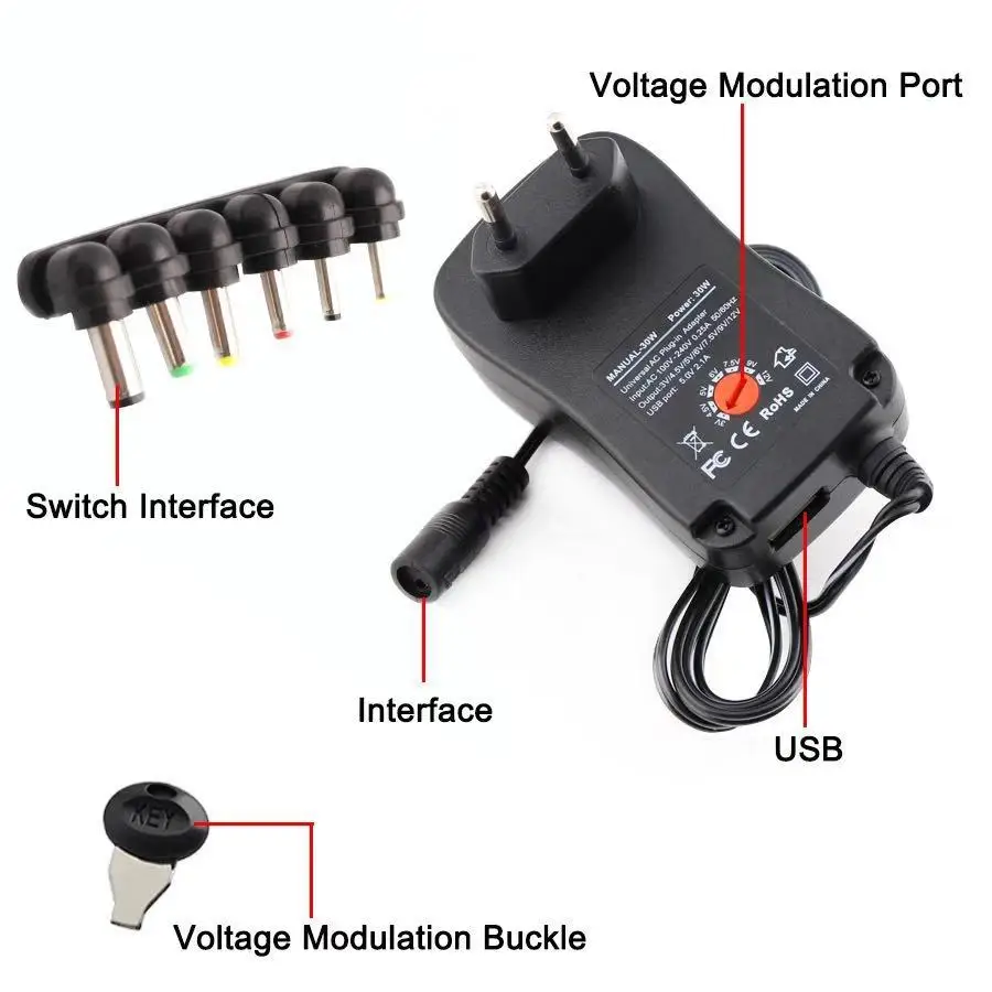 Universal 30W Multi-Voltage Power Adapter with USB Port and 6 Interchangeable Connectors