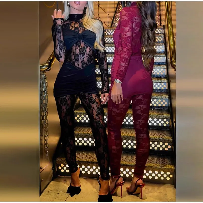 Mono sexy de encaje de manga larga de una pieza para mujer, mono ajustado con cuello alto, mono transparente para fiesta y club, primavera 2025