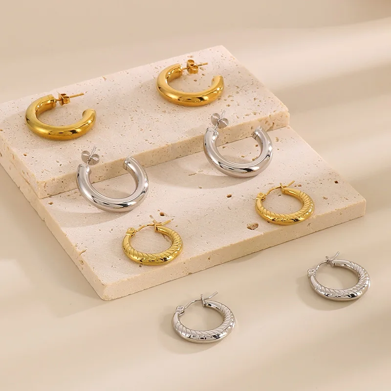 

Simple Circle Big Hoop Earrings For Women Stainless Steel French Luxury Jewelry Female C Shape Pattern Stud Ear Wedding Party