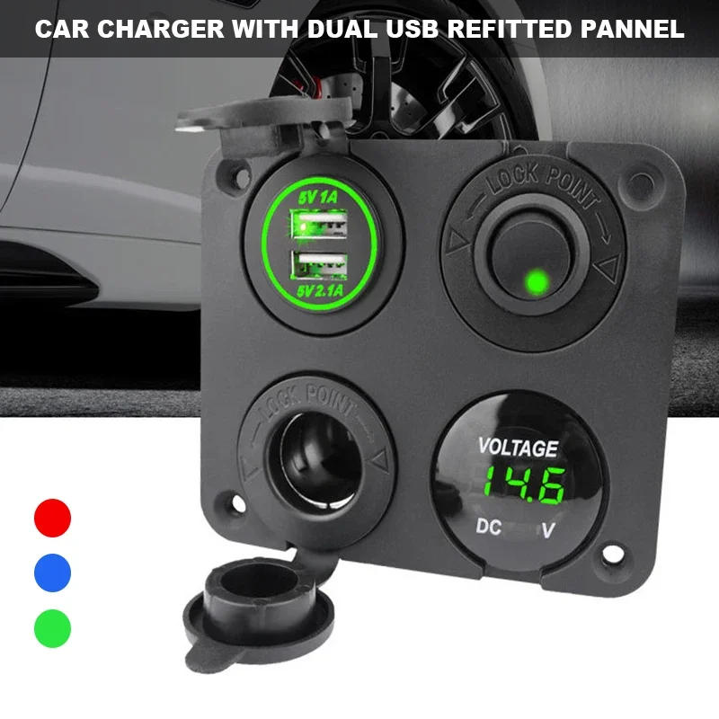

4 In 1 Switch Panel Waterproof Digital Voltmeter 12V Power Car Dual Usb Charger Socket Cigarette Lighter With Rocker Switch