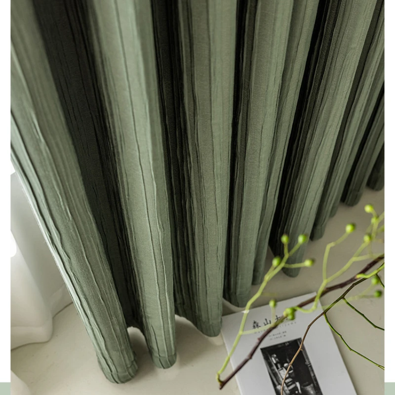 

ZS Ins Style Simple Bedroom Balcony Plain Curtain Japanese Pressed Crepe Matcha Green High Blackout