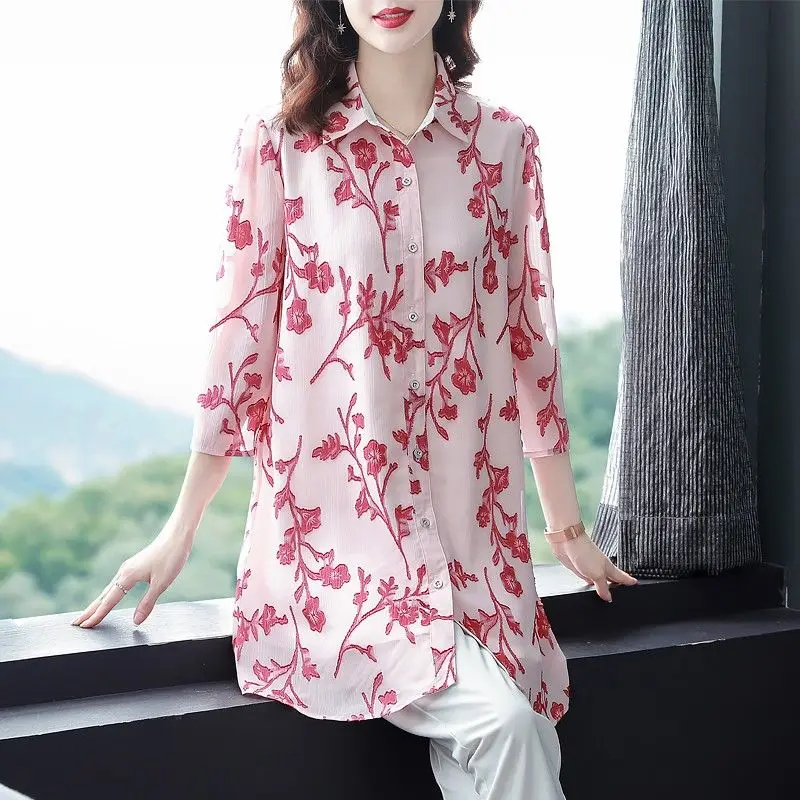 Elegant Fashion Printed Single-breasted Blouse Summer Women's Clothing 3/4 Sleeve Casual Loose Polo-Neck Chiffon Shirt Female