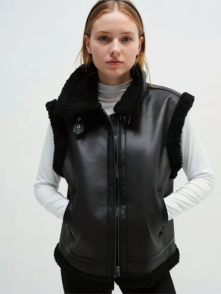 HH Women Vintage Black Faux Leather Fleece Waistcoats Sleeveless Zipper Vest Tops 2025 Autumn Winter Thick Warm Outwear
