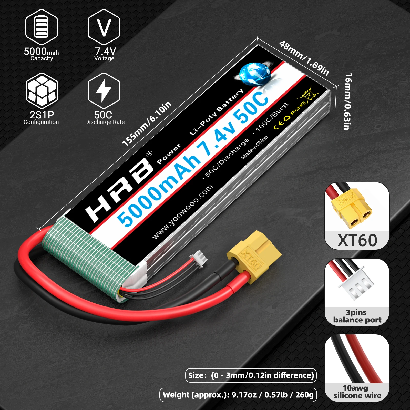 Batterie LiPo 7.4V 5000mAh XT60 pour RC Voiture Drone