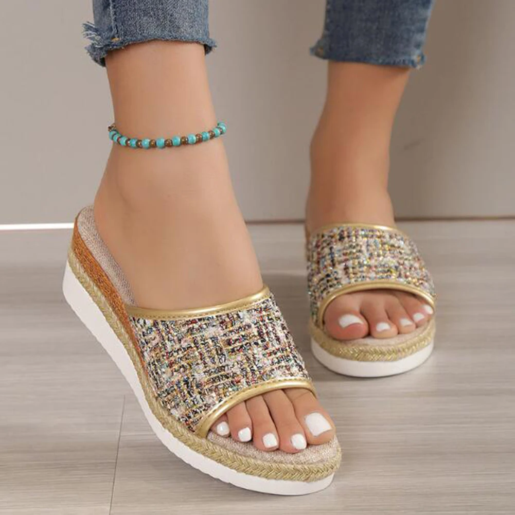 

COVOYYAR Wedge Slippers Women Striped Platform Slide Women Shoes Casual Golden Canvas Summer Woman Sandals WSL352