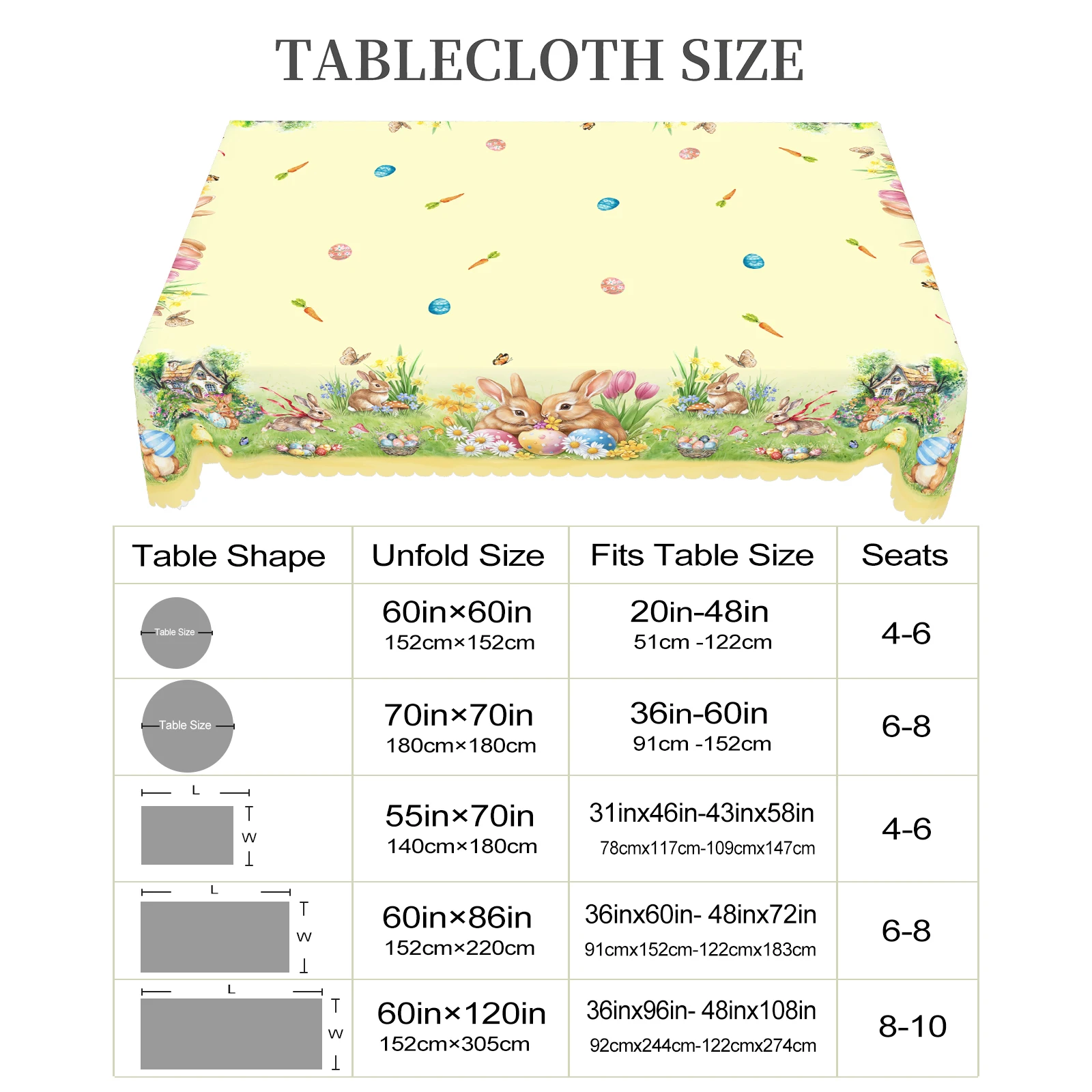 1 Easter Round Tablecloth, 5 Sizes Available, Tulip Easter Bunny Egg Garden Printed Square Tablecloth, Edge Embossing Process, Spring Garden Tablecloth Decoration, Tablecloth for Daily Home Kitchen, Terrace Use, Easter Decoration 6