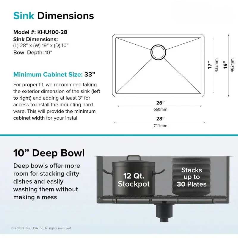 28-inch 16 Gauge Undermount Single Bowl Stainless Steel Kitchen Sink, KHU100-28 5