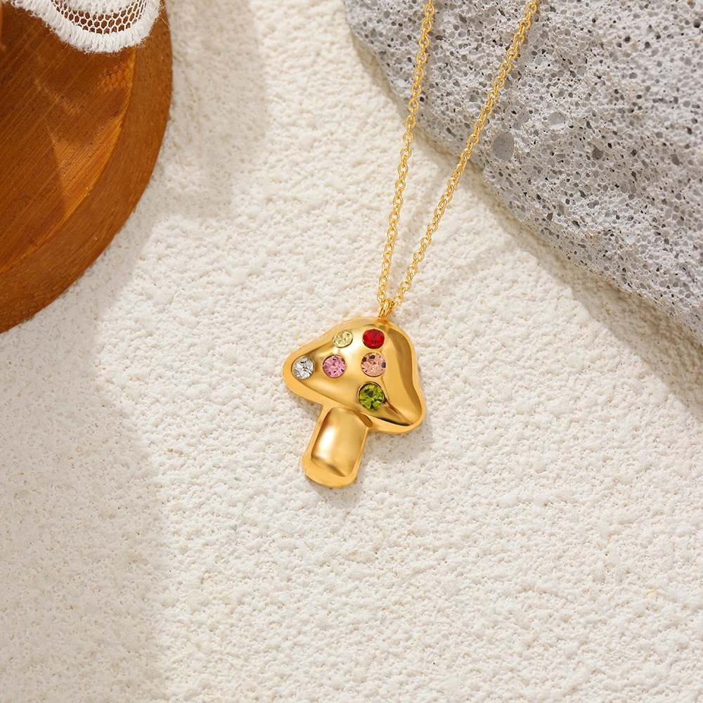 Cute Mushroom Pendant Neckalce for Women Inlaid Multicolored Zircon Geometric Gold Plated Chain Choker Birthday Gift Jewelry