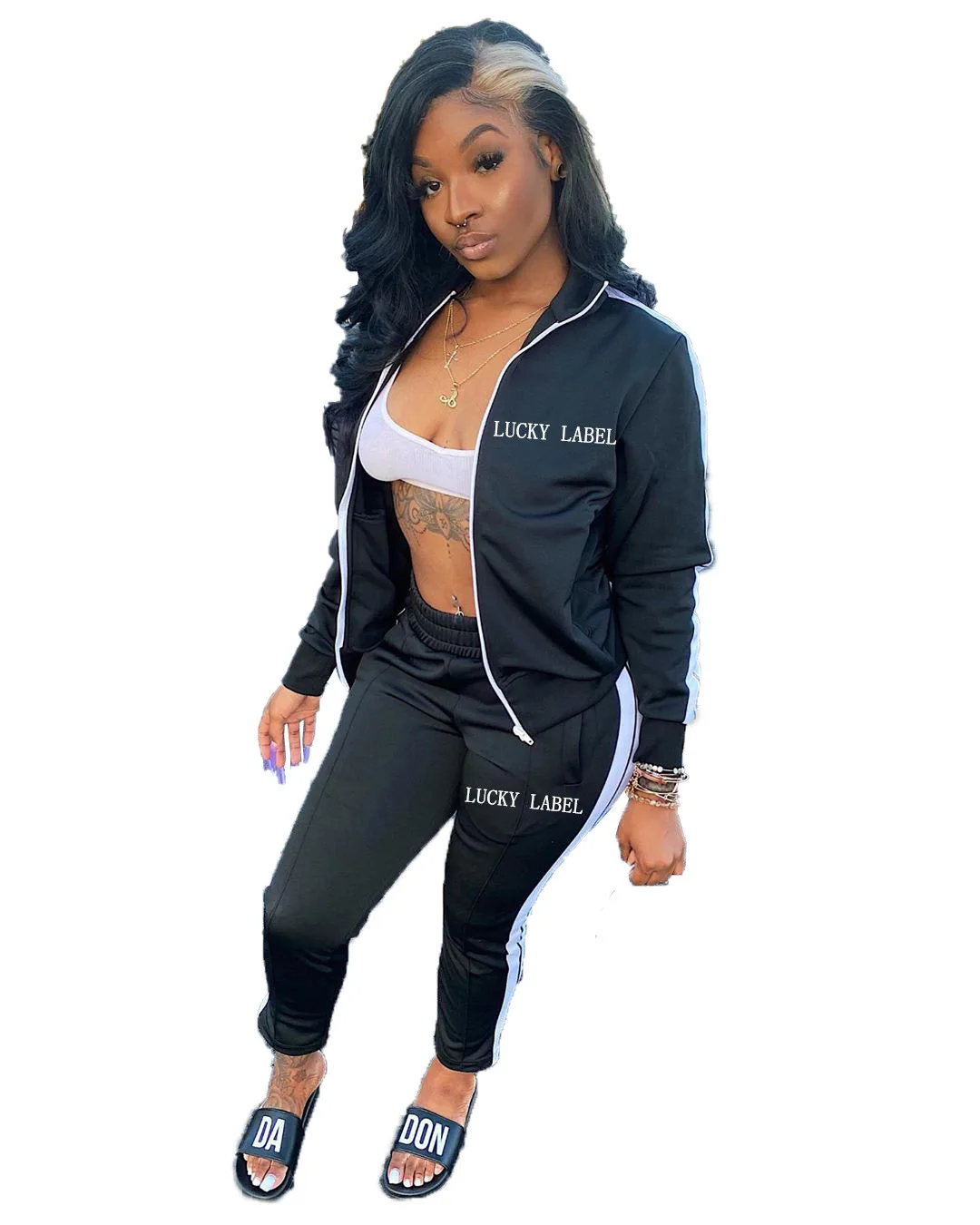 

Lucky Label 2 Two Piece Set Women Tracksuit Zip Jacket Sweatshirt Side Stripe Pants Sweatsuits Sport Loungewear Outfits New