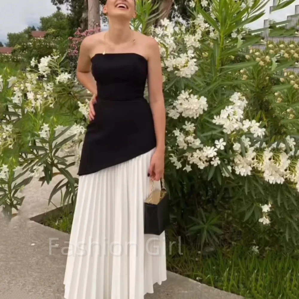 

Elegant Simple Black And White Contrast Strapless Sheath Evening Dresses Long Robe de soiré Crepe Prom Party Dress Custom 2023