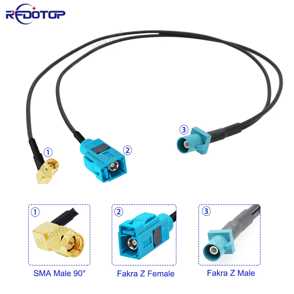 

1 to 2 Y Type Fakra Z Male to 1xFakra Z Female & 1x SMA Male 90 Degree Connector RG174 Splitter Cable GPS Antenna Extension Cord