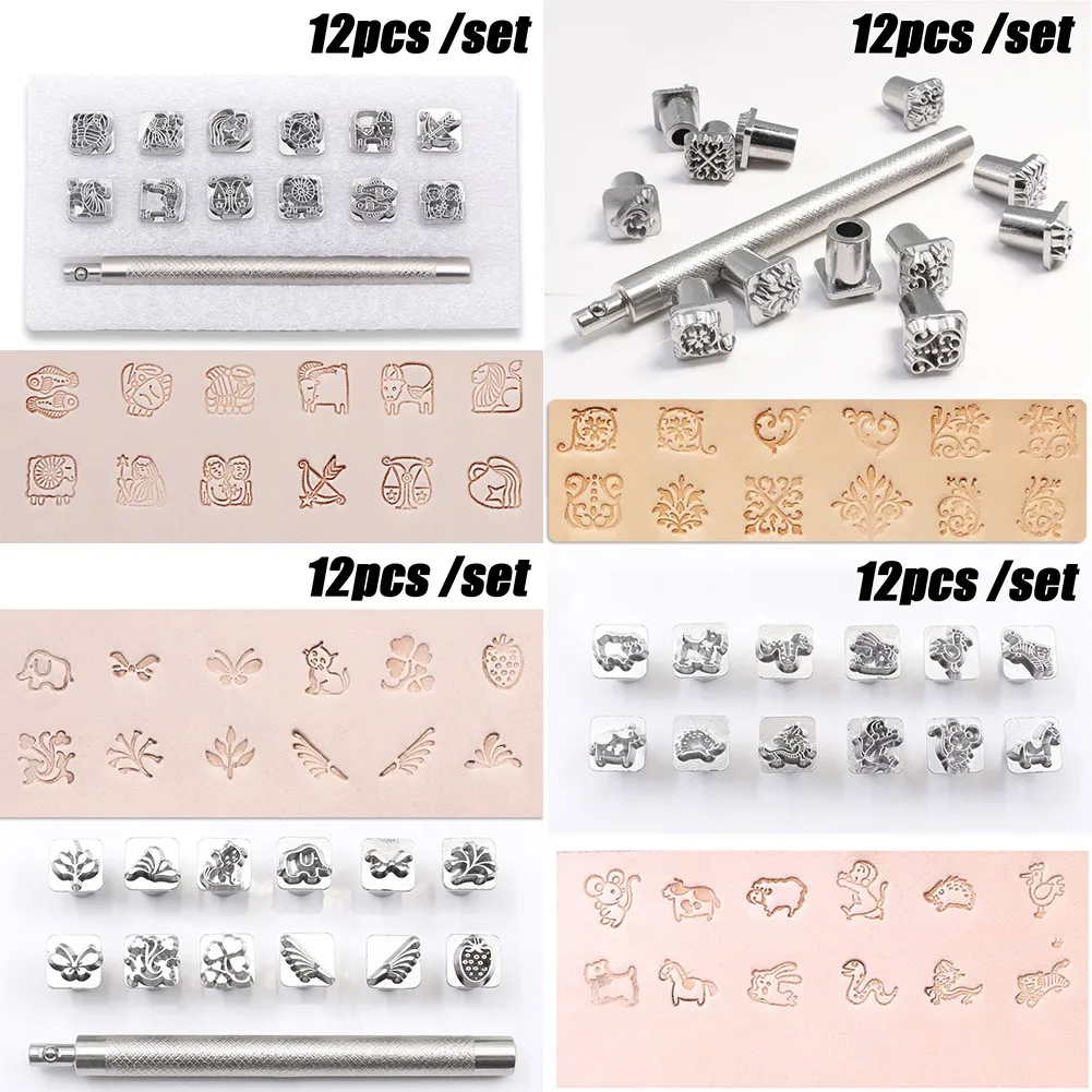 12Pcs Leather Stamping Punch Tools Silver Metal Carving Printing Kit Handmade Embossing DIY Craft Pattern Seal Punching Set
