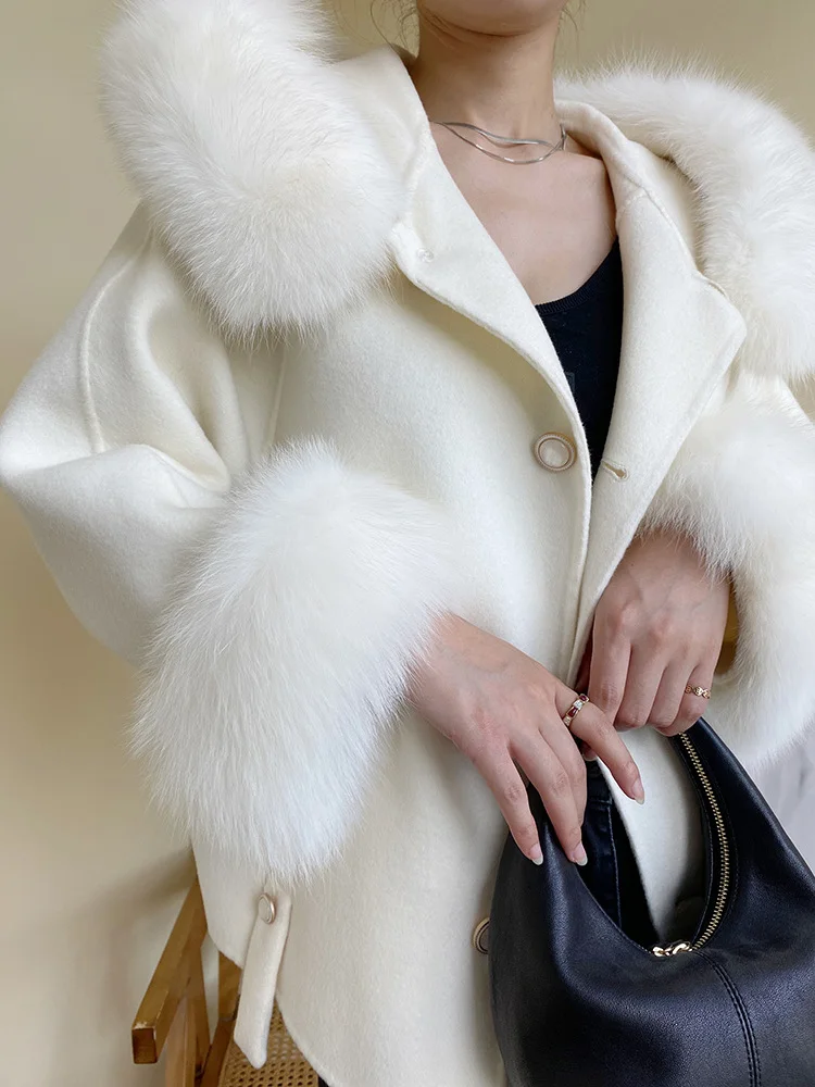 

2023 шерстяное мех, Новое Женское шерстяное пальто из натурального меха, женские куртки из натурального Лисьего меха, женское корейское изящное шерстяное пальто средней длины