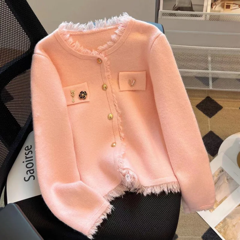 

Женский трикотажный кардиган с длинным рукавом, розовый или красный однобортный хлопковый свитер в винтажном стиле, зимняя одежда