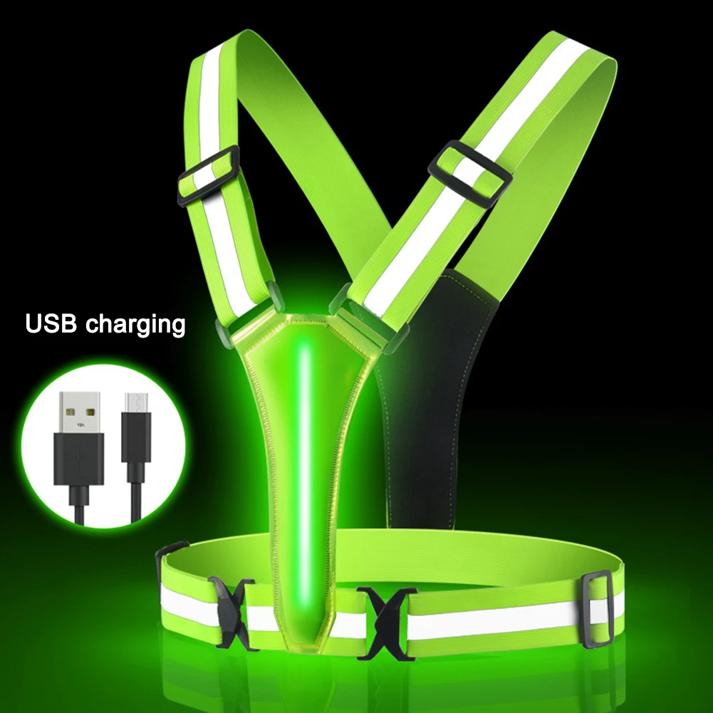 LED Running Vest USB Rechargeable Reflective Glowing Reflector Straps Adjustable Night Running Vest High Visibility 