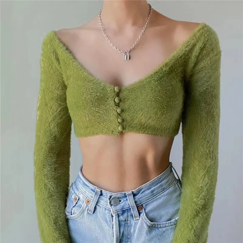 

2023 Spring Y2K Fluffy Super-short Knit Top E Girls Long Sleeve Crop Top with Fur Elegant Mohair Button Up Pullover Soft Outfits